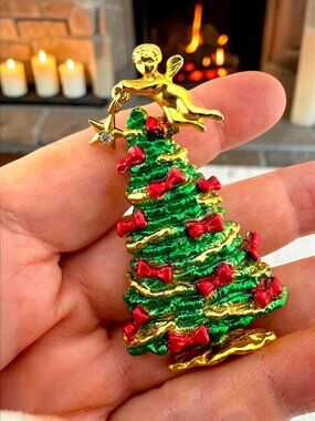 Vintage Christmas Tree Brooch Angel Rhinestone Gold Tone Enamel Pin